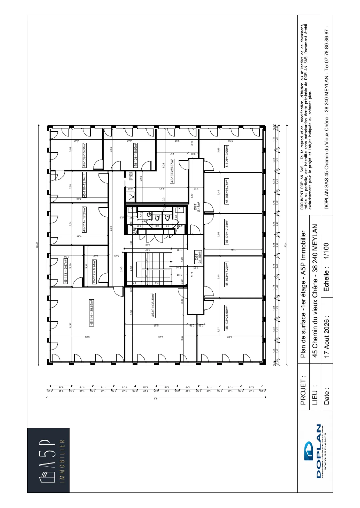 Plan de surface du premier étage d'un immeuble de bureaux à Meylan réalisé par DOPLAN