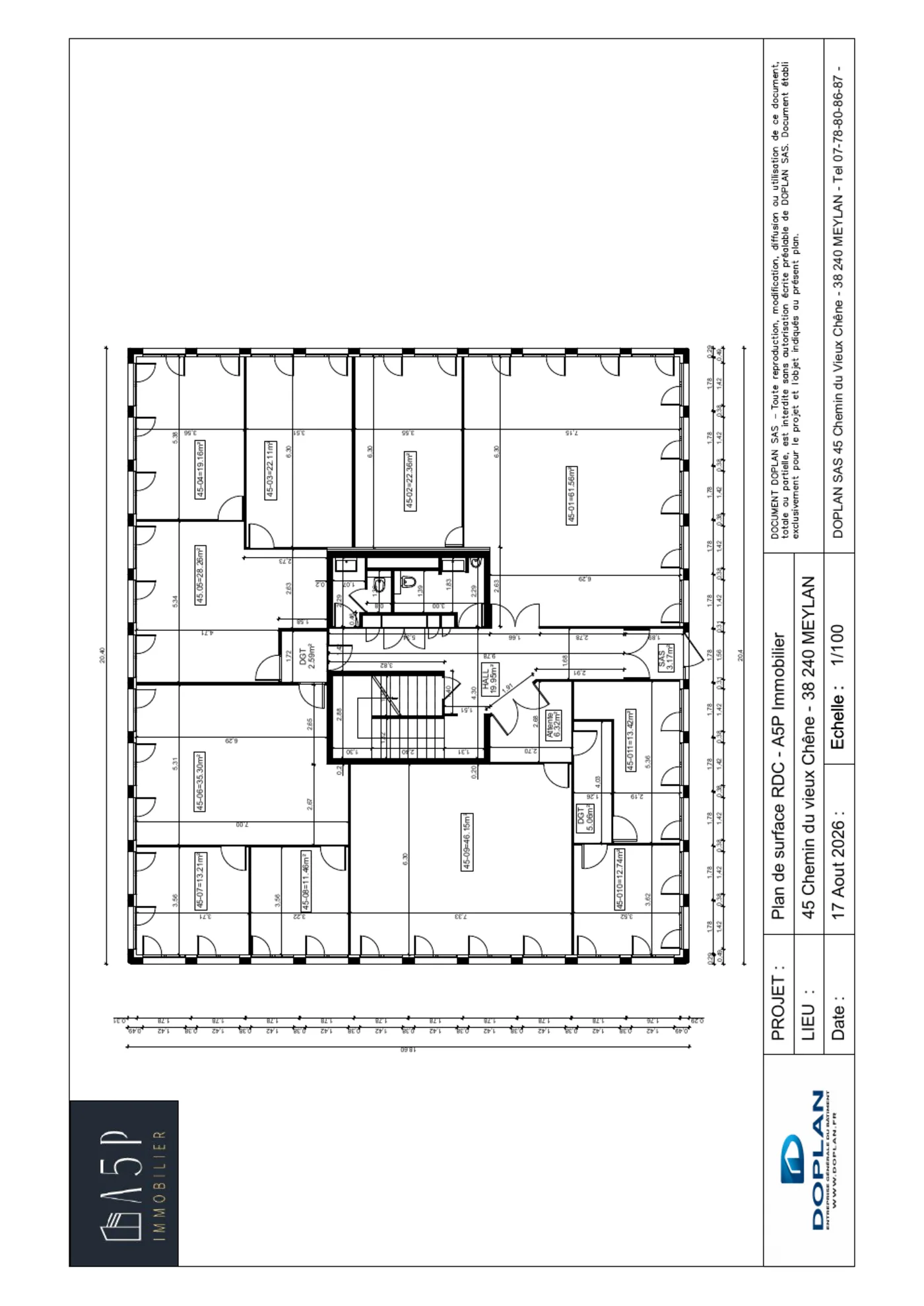 Plan de surface du rez-de-chaussée d'un immeuble de bureaux à Meylan réalisé par DOPLAN